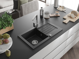 Mexen Pablo chiuvetă de granit cu 1 compartiment cu scurgător și robinet de bucătărie Rita, negru - 6510-77-670300-00