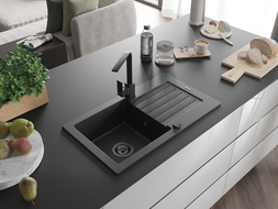 Mexen Pablo chiuvetă de granit cu o cuvă și scurgător și baterie de bucătărie Rita, negru - 6510-77-670300-70-B