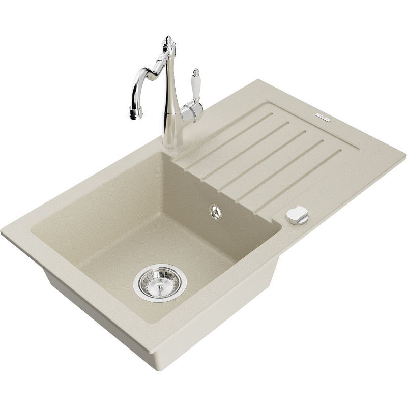 Mexen Pablo chiuvetă de bucătărie din granit cu o singură cuvă, cu scurgător și baterie, model Carla, bej