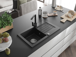 Mexen Pablo 1-medencés gránit mosogató csepegtetővel és Rita konyhai csapteleppel, fekete - 6510-77-670300-70