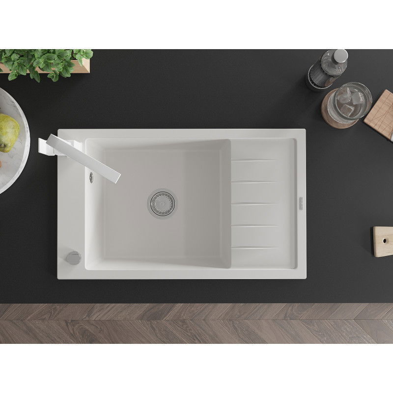 Mexen Elias chiuvetă de bucătărie din granit cu 1 cuvă cu scurgător și baterie de bucătărie Rita, alb - 6511-20-670300-20