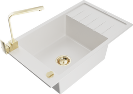 Mexen Elias chiuvetă de granit cu o cuvă și scurgător și baterie de bucătărie Rita, alb - 6511-20-670300-50