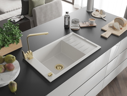 Mexen Elias chiuvetă de granit cu o cuvă și scurgător și baterie de bucătărie Rita, alb - 6511-20-670300-50