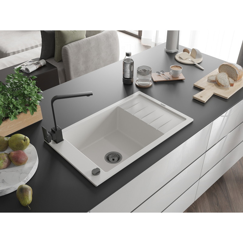 Mexen Elias chiuvetă de granit 1-cu o cameră cu scurgător și baterie de bucătărie Rita, alb - 6511-20-670300-70