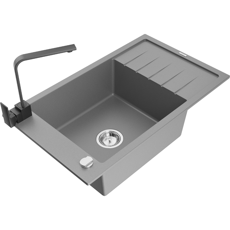 Mexen Elias chiuvetă de granit cu 1 compartiment cu picurător și baterie de bucătărie Rita, gri - 6511-71-670300-70
