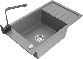 Mexen Elias chiuvetă de granit cu 1 compartiment cu picurător și baterie de bucătărie Rita, gri - 6511-71-670300-70