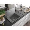 Mexen Elias chiuvetă de granit cu un compartiment, cu picurător și baterie de bucătărie Rita, gri - 6511-71-670300-71