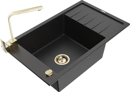 Mexen Elias chiuvetă de granit cu 1 cuvă, cu scurgător și baterie bucătărie Rita, negru/metal argintiu - 6511-73-670300-50