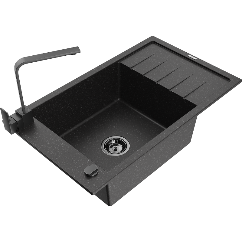 Mexen Elias chiuvetă de granit cu 1 compartiment cu picurător și baterie de bucătărie Rita, negru/argintiu metalic