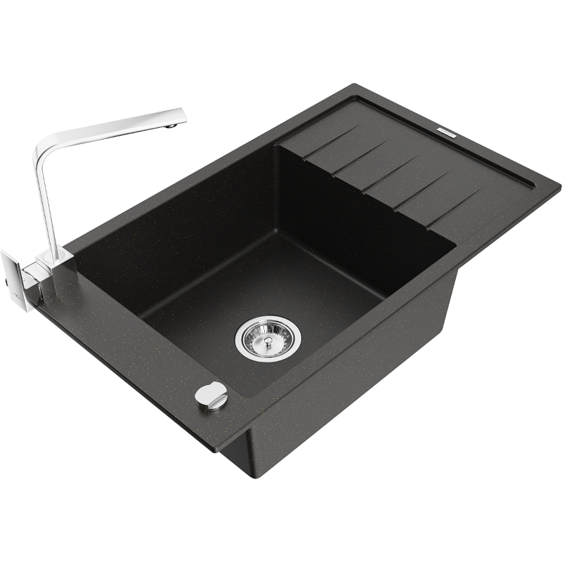 Mexen Elias chiuvetă din granit cu 1 compartiment cu picurător și baterie de bucătărie Rita, negru/argintiu metalic
