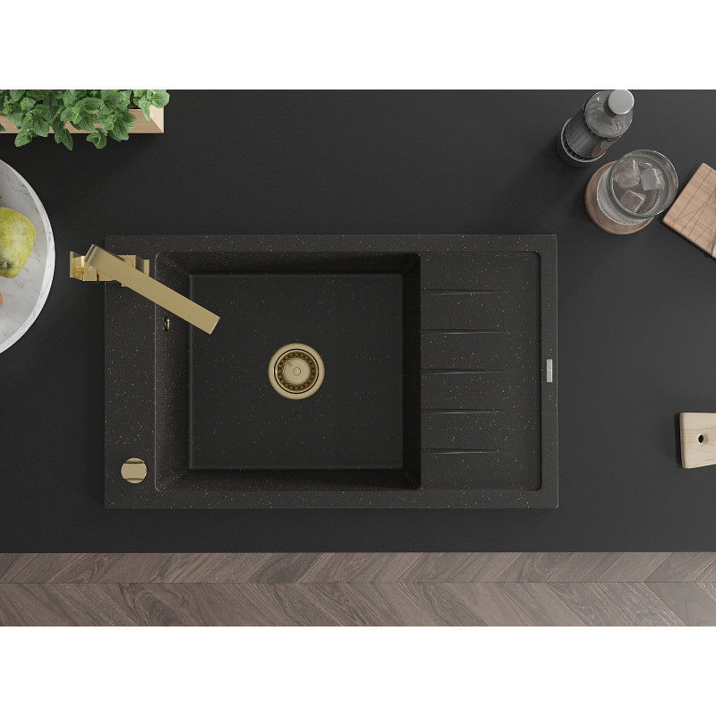 Mexen Elias gránit mosogató 1 rekeszes csepegtetővel és Rita konyhai csappal, fekete/arany metál - 6511-75-670300-50