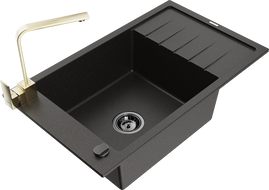 Mexen Elias chiuvetă granit 1-cameră cu scurgător și baterie de bucătărie Rita, negru/auriu metalic - 6511-75-670300-50-B