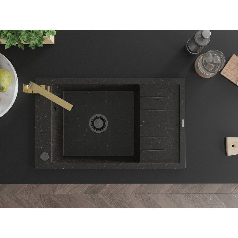 Mexen Elias gránit egymedencés mosogató csepegtetővel és Rita konyhai csapteleppel, fekete/arany metál - 6511-75-670300-50-B