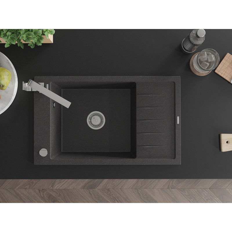 Mexen Elias gránit mosogató 1 rekeszes csepegtetővel és Rita konyhai csapteleppel, fekete pöttyös - 6511-76-670300-00