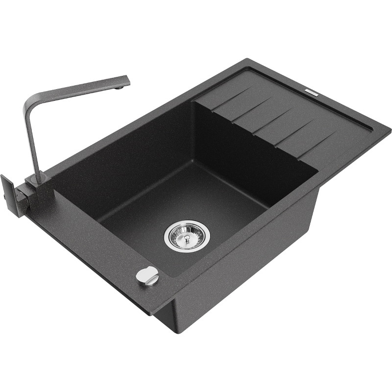 Mexen Elias 1-kamrás gránit mosogató lefolyóval és konyhai csappal Rita, fekete pöttyös - 6511-76-670300-76