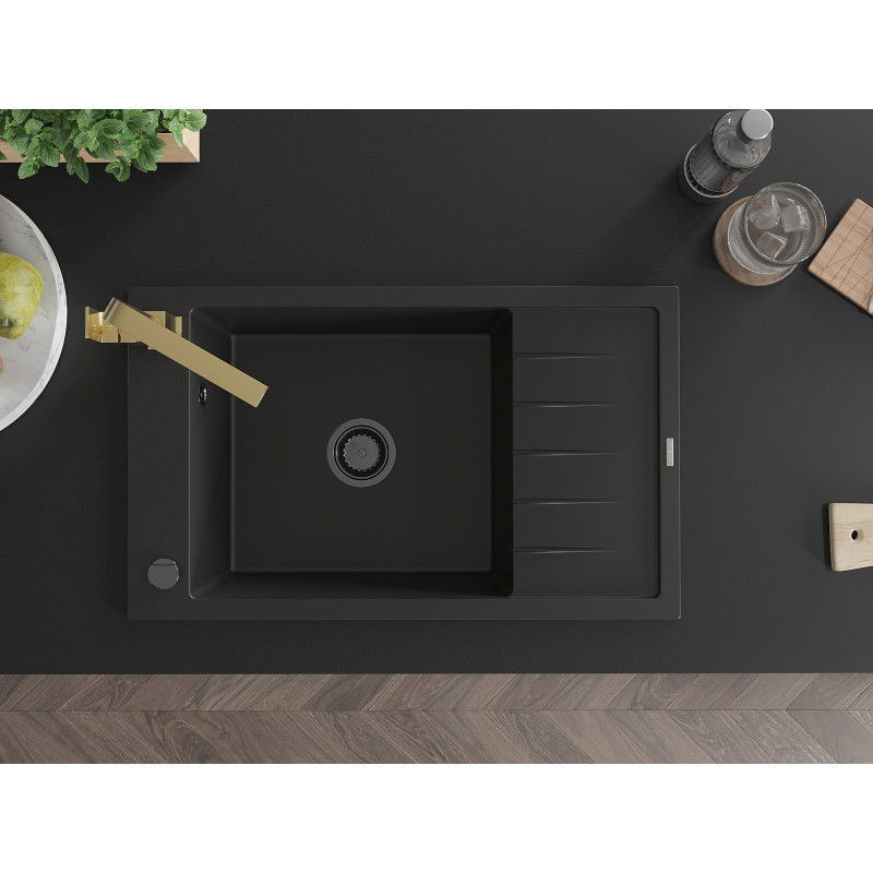 Mexen Elias egymedencés gránit mosogató csepegtetővel és Rita konyhai csappal, fekete - 6511-77-670300-50-B