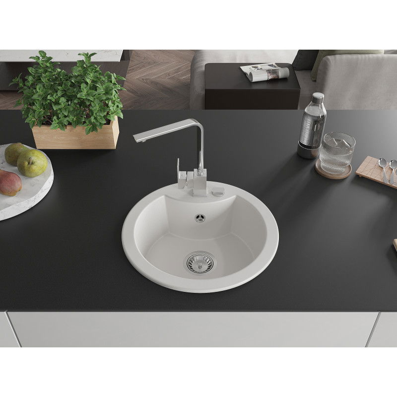 Mexen Diego chiuvetă de granit cu 1 compartiment cu baterie de bucătărie Rita, alb - 6512-20-670300-00
