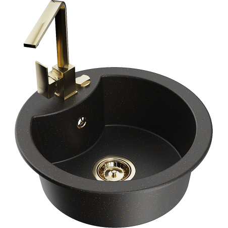 Mexen Diego 1-fazékos gránit mosogató Rita konyhai csapteleppel, fekete/arany metál - 6512-75-670300-50