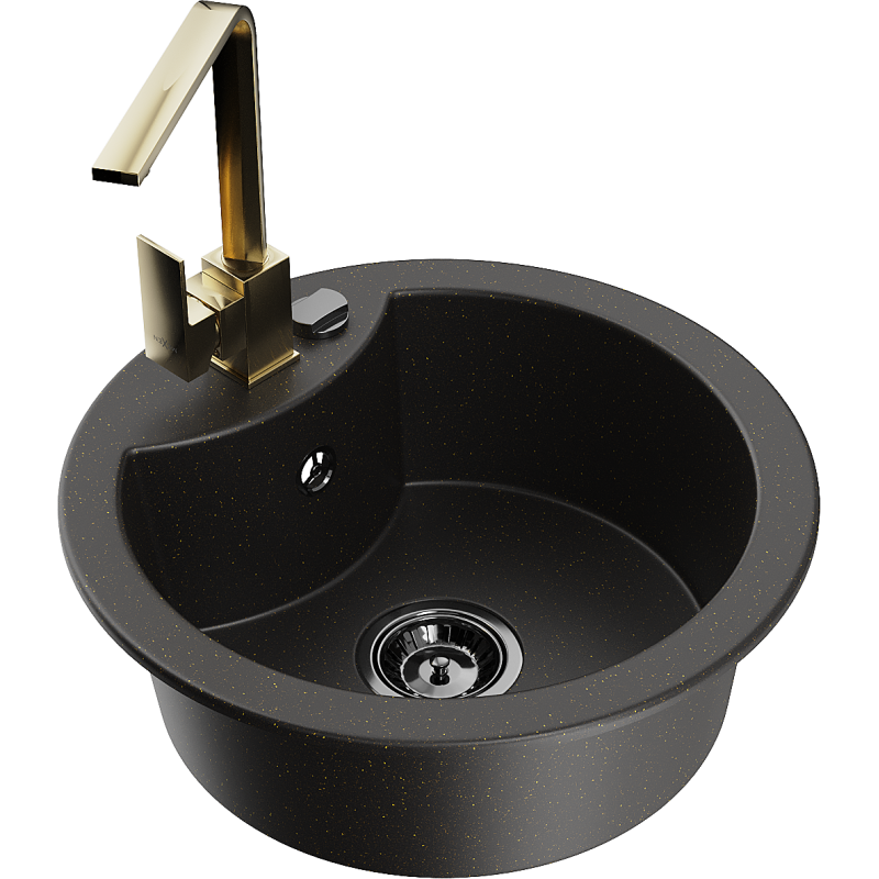 Mexen Diego chiuvetă de granit cu 1 compartiment cu baterie de bucătărie Rita, negru/auriu metalizat - 6512-75-670300-50-B