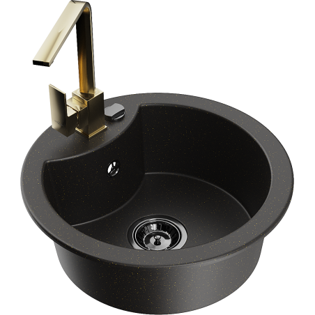 Mexen Diego chiuvetă de granit cu 1 compartiment cu baterie de bucătărie Rita, negru/auriu metalizat - 6512-75-670300-50-B
