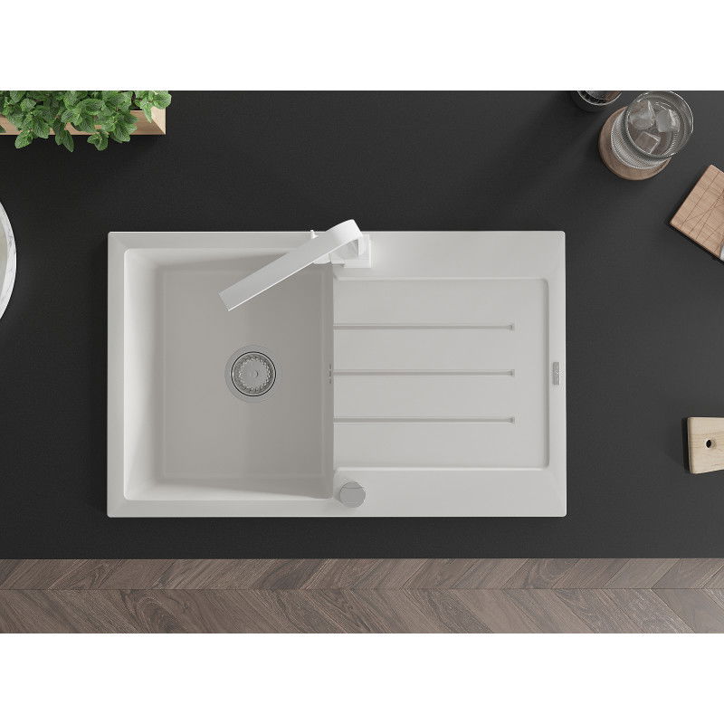 Mexen Bruno chiuvetă din granit cu 1 compartiment cu picurator și baterie de bucătărie Rita, alb - 6513-20-670300-20