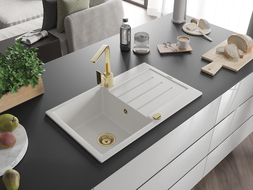 Mexen Bruno 1-medencés gránit mosogató csepegtetővel és Rita konyhai csapteleppel, fehér - 6513-20-670300-50