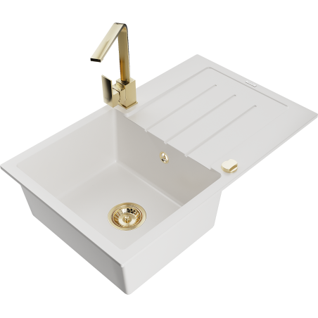 Mexen Bruno chiuvetă de bucătărie din granit cu 1 compartiment cu scurgător și baterie de bucătărie Rita, albă
