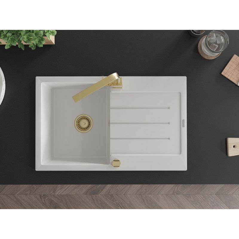 Mexen Bruno chiuvetă granit 1-cuvască cu scurgător și baterie de bucătărie Rita, alb - 6513-20-670300-50