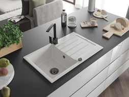 Mexen Bruno egymedencés gránit mosogató csepegtetővel és Rita konyhai csapteleppel, fehér - 6513-20-670300-70