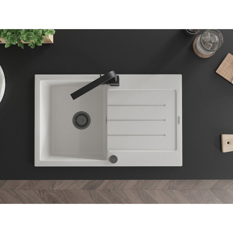 Mexen Bruno chiuvetă de granit cu 1 compartiment și scurgător și baterie de bucătărie Rita, alb - 6513-20-670300-70