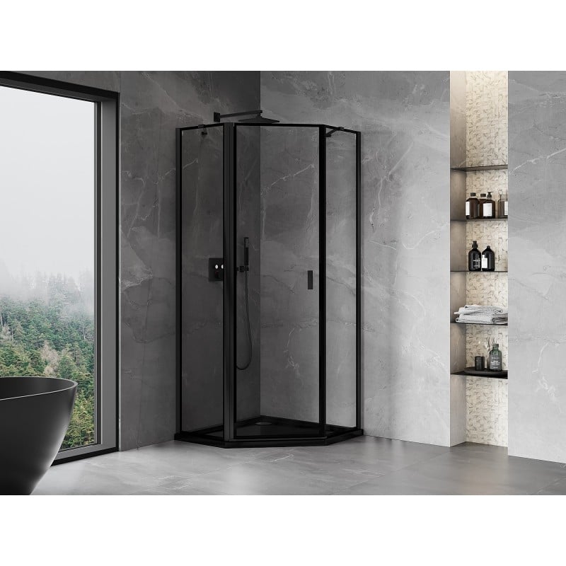 Mexen Mist cabină de duș pentagonală batantă stânga 90 x 90 cm, cadru negru, negru - 8A8-090-090-70-70-L