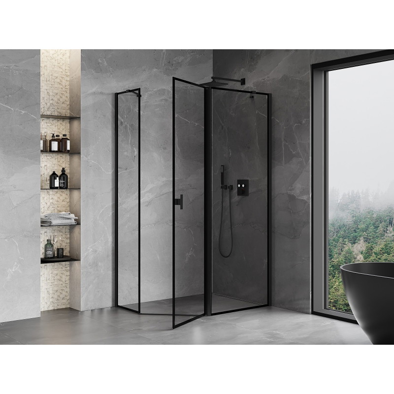 Mexen Mist cabina de duș pentagonală asimetrică rabatabilă dreapta 90 x 80 cm, ramă neagră, neagră - 8A8-090-080-70-70-P