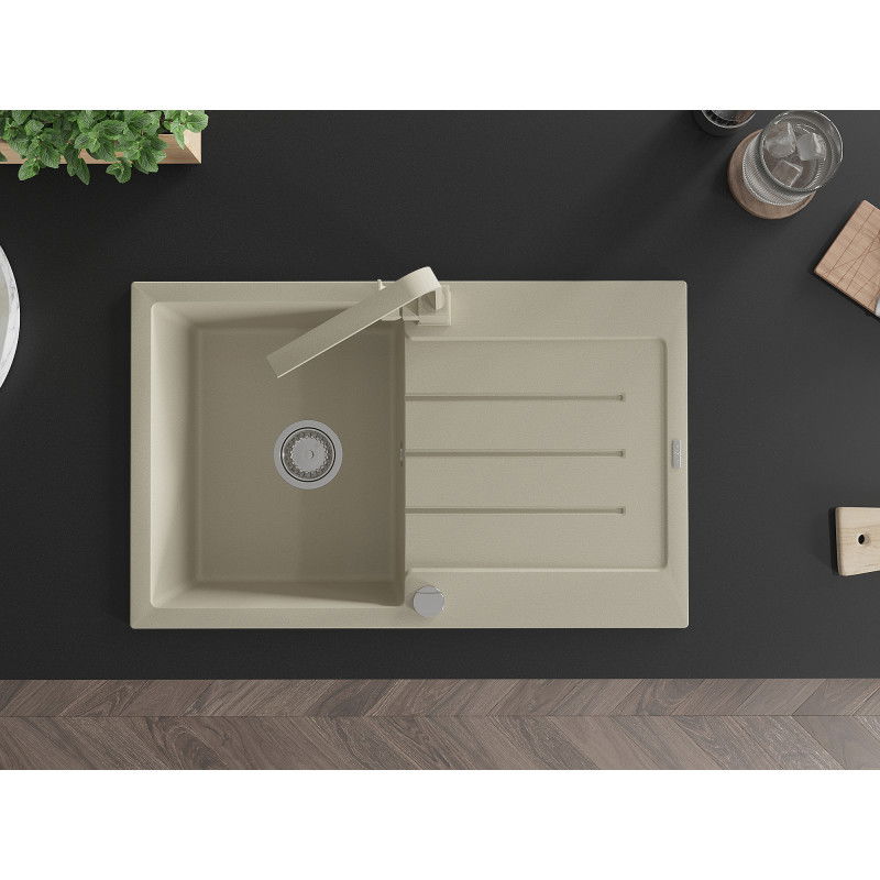 Mexen Bruno chiuvetă din granit cu 1 compartiment cu scurgător și baterie de bucătărie Rita, bej - 6513-69-670300-69