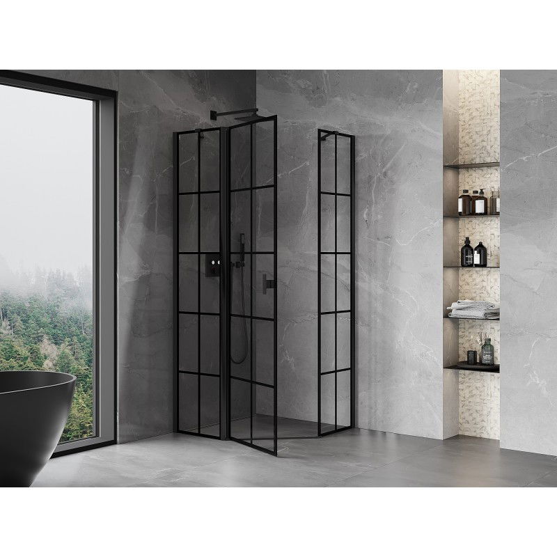 Mexen Mist cabină de duș pentagonală rabatabilă stânga 80 x 80 cm, grilaj negru, negru - 8A8-080-080-70-77-L