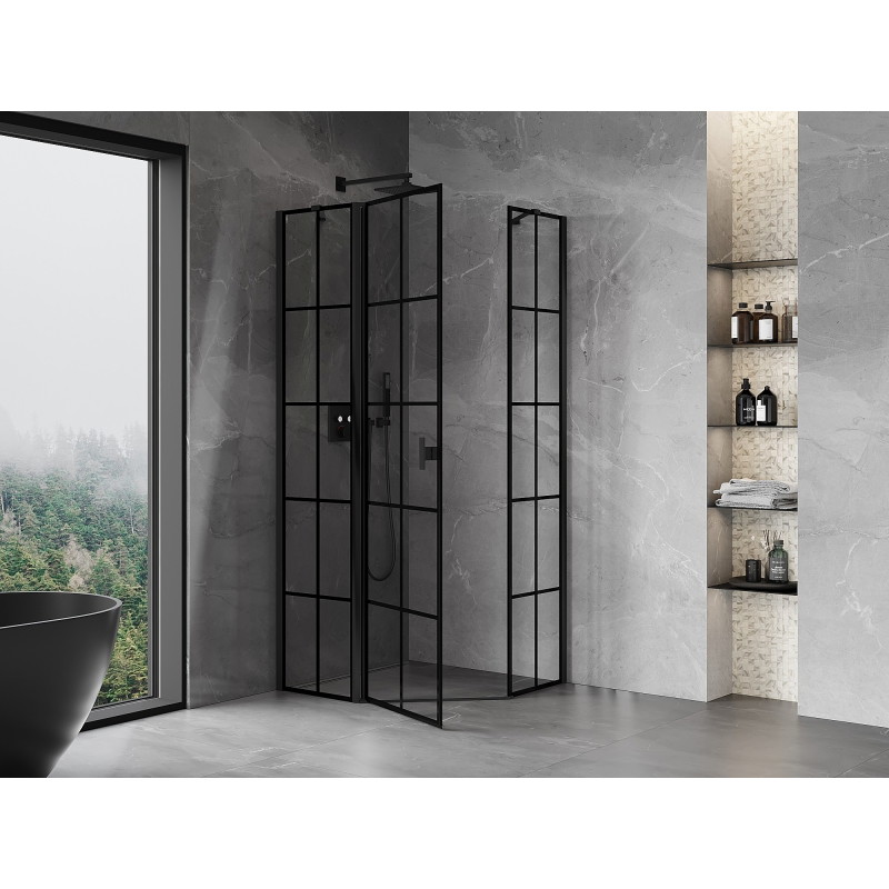 Mexen Mist cabina de duș pentagonală cu ușă batantă stânga 100 x 100 cm, grilaj negru, negru - 8A8-100-100-70-77-L