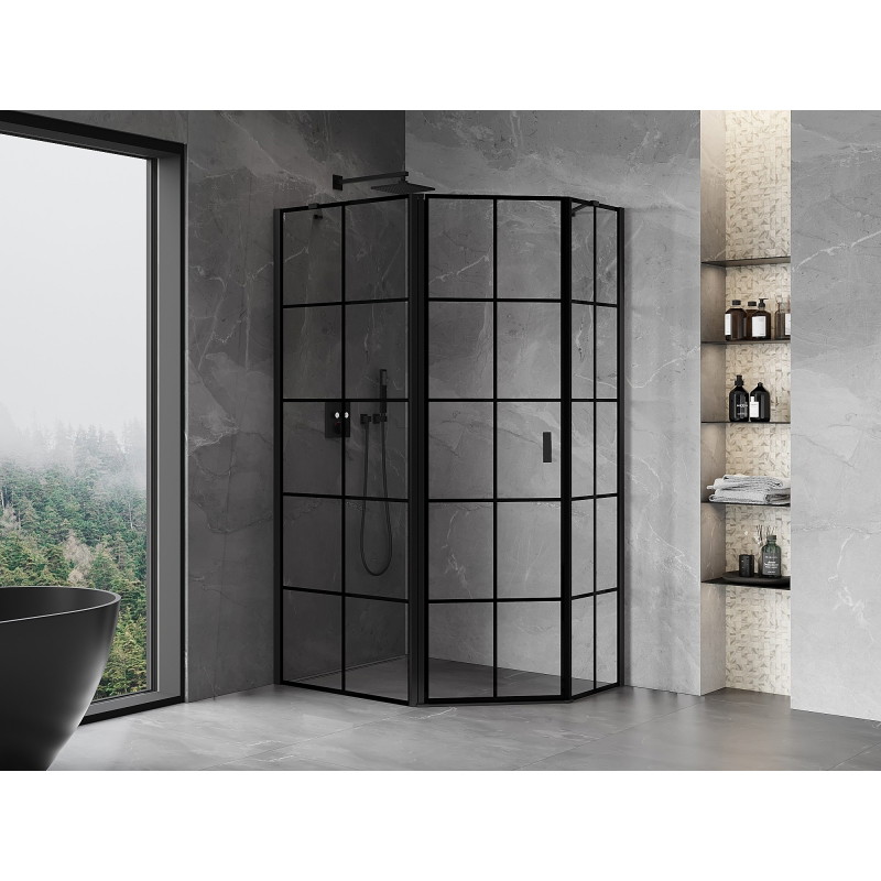 Mexen Mist cabina de duș pentagonală asimetrică, rabatabilă pe stânga, 90 x 80 cm, grilaj negru, negru
