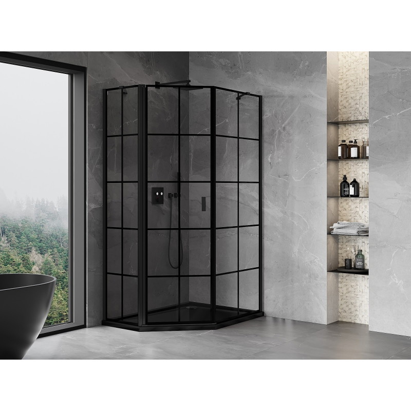 Mexen Mist cabina de duș pentagonală asimetrică, cu balamale pe stânga 80 x 90 cm, grilaj negru, negru - 8A8-080-090-70-77-L