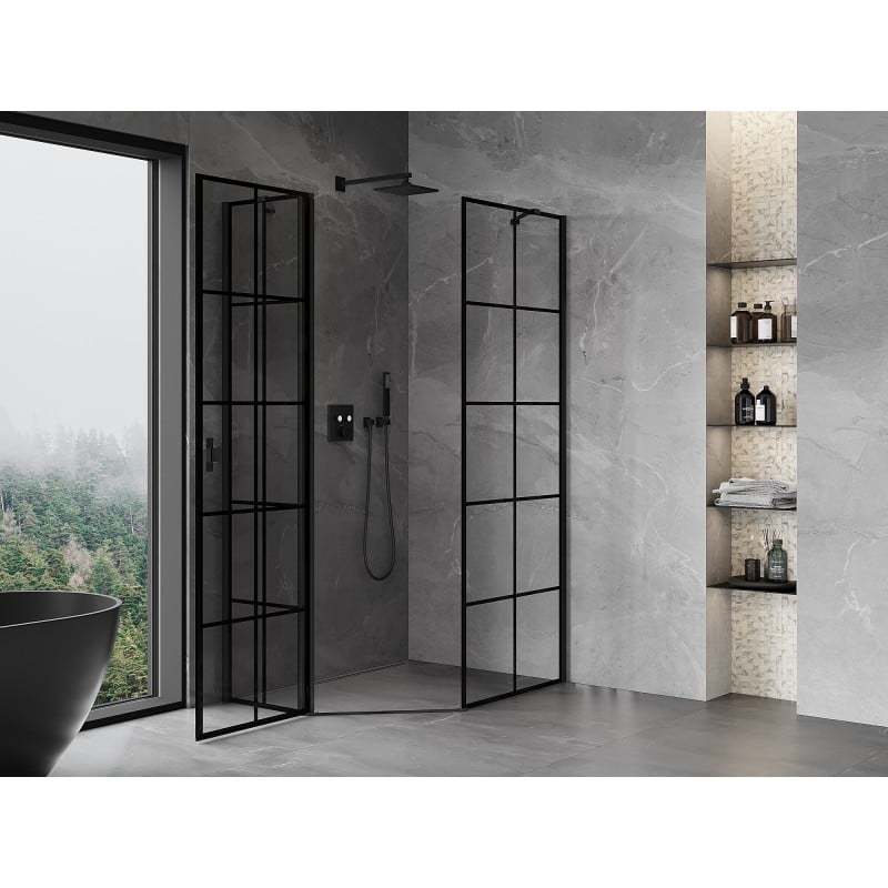 Mexen Mist cabina de duș pentagonală asimetrică cu balamale pe stânga 90 x 100 cm, grilaj negru, negru - 8A8-090-100-70-77-L
