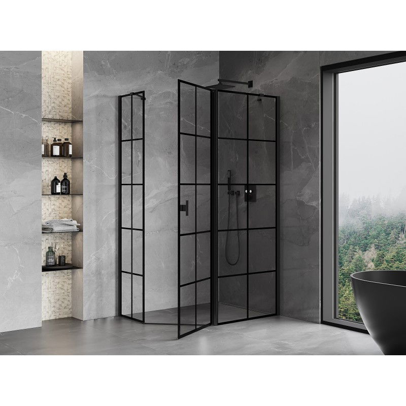 Mexen Mist cabină de duș pentagonală asimetrică cu deschidere dreapta 90 x 80 cm, grilaj negru, neagră - 8A8-090-080-70-77-P