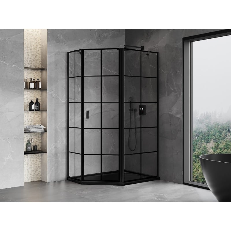 Mexen Mist cabină de duș pentagonală asimetrică reversibilă dreapta 100 x 80 cm, grilaj negru, negru - 8A8-100-080-70-77-P