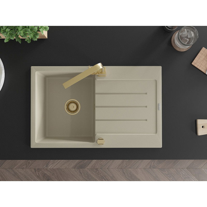 Mexen Bruno chiuvetă de bucătărie din granit cu 1 compartiment, cu picurător și baterie de bucătărie Rita, bej