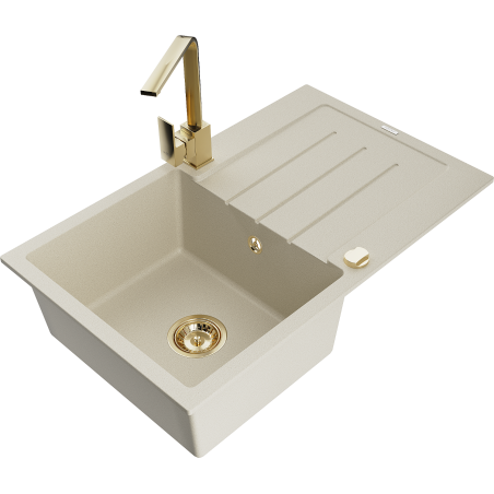 Chiuvetă granitică Mexen Bruno cu 1 cuvă cu scurgător și robinet de bucătărie Rita, bej - 6513-69-670300-50
