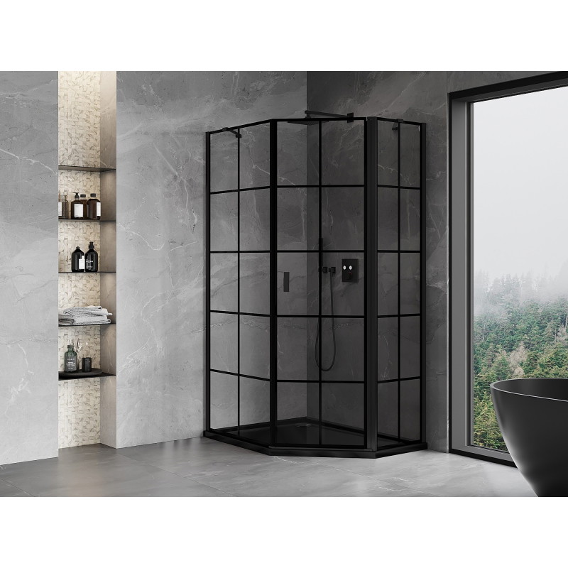 Mexen Mist cabina de duș pentagonală asimetrică cu ușă batantă dreaptă 80 x 100 cm, grilaj negru, neagră