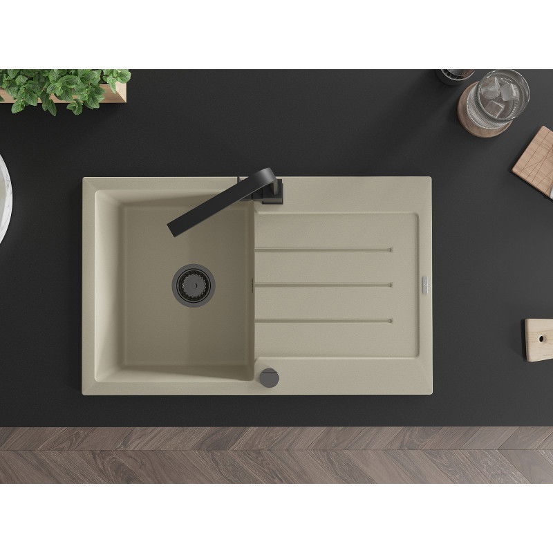 Mexen Bruno chiuvetă de granit cu 1 compartiment cu scurgător și baterie de bucătărie Rita, bej - 6513-69-670300-70