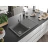 Mexen Bruno chiuvetă de granit cu un compartiment, cu picurător și baterie de bucătărie Rita, gri - 6513-71-670300-00