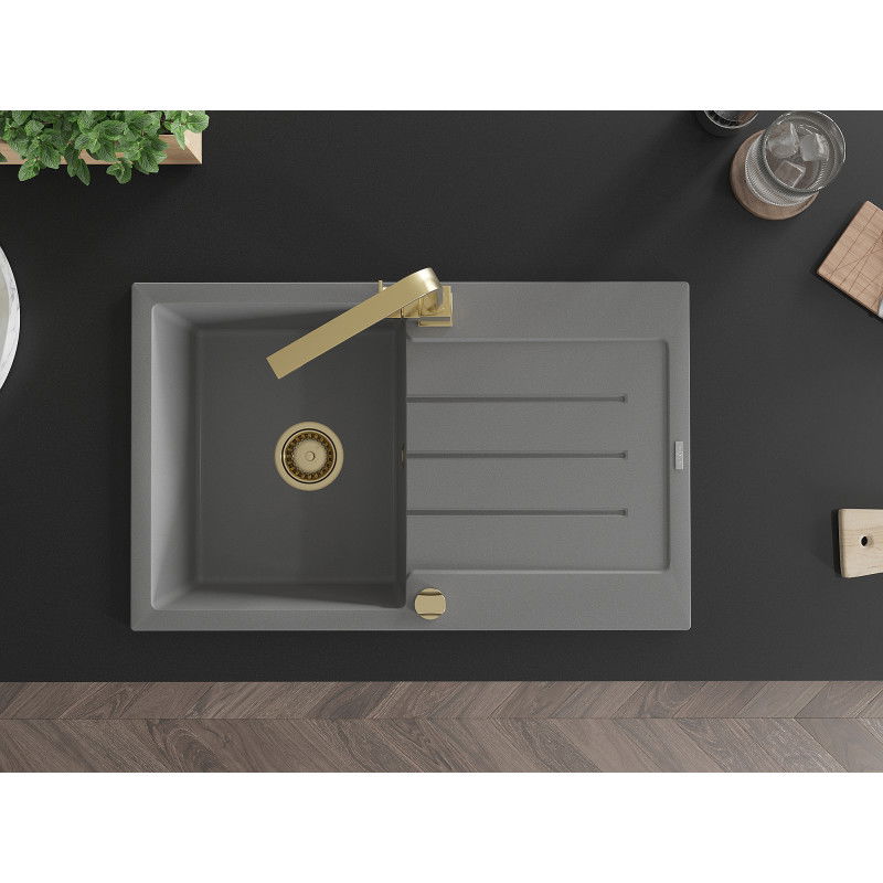 Mexen Bruno chiuvetă de granit cu 1 cameră și scurgător și baterie de bucătărie Rita, gri - 6513-71-670300-50