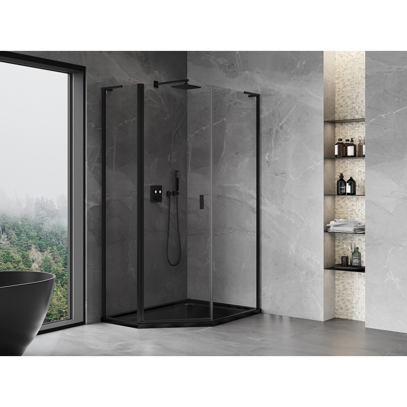 Mexen Mist L cabina de duș pentagonală asimetrică cu balamale 90 x 100 cm, transparent, neagră - 8A8L-090-100-70-00
