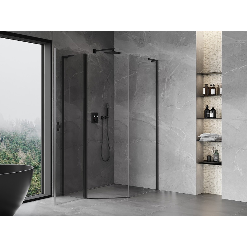 Mexen Mist L cabina de duș pentagonală asimetrică cu balamale 90 x 100 cm, transparent, neagră - 8A8L-090-100-70-00