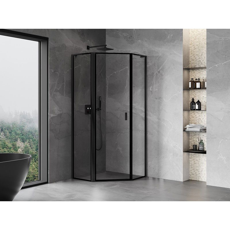 Mexen Mist L cabină de duș pentagonală pivotantă stânga 90 x 90 cm, ramă neagră, negru - 8A8L-090-090-70-70-L