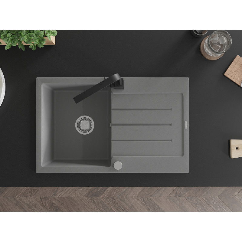 Mexen Bruno chiuvetă de granit cu o singură cuvă cu scurgător și baterie de bucătărie Rita, gri - 6513-71-670300-70